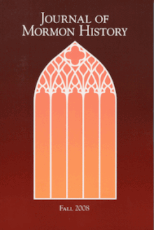 Cover of the Fall 2008 issue (Vol. 34, No. 4). Covers between 1991 and 2009 were variations on this abstracted window from the Salt Lake City Tenth Ward building. JournalofMormonHIstory.gif