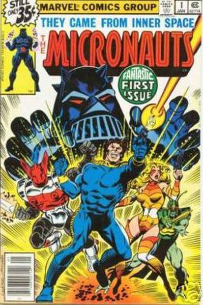 Cover art of Micronauts #1 (January 1979). From left to right: Acroyear, Arcturus Rann, Marionette and Bug. Baron Karza in background. Art by Dave Coc