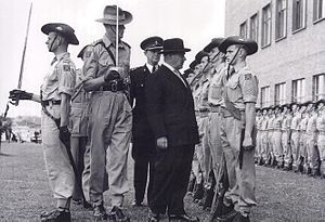 The University of Technology Regiment honour guard being inspected by Governor Sir John Northcott at the first graduation ceremony of the university, 16 April 1955. NSWUniversityofTechnology Regiment honour guard John Northcott 1955.jpg