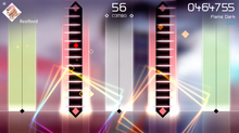 The user interface while playing a song, showing Max Perfect (left) and Perfect (right) hit notes. VOEZ Gameplay.png