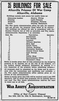 Advertisement which ran on March 20, 1947 in the Tuscaloosa News, placed by the War Assets Administration soliciting bids on the dismantled parts of Camp Aliceville 1947.03.20.request.for.bids.on.salvage.at.camp.aliceville.png