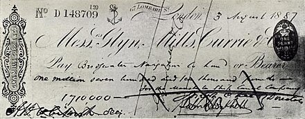 Cheque dated 3 August 1887, in the amount of £1,710,000, for the purchase of the Bridgewater Navigation Company. At the time it was the largest cheque ever presented.[26]