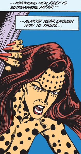 Barbara Ann Minerva debuts as the Cheetah in Wonder Woman vol. 2 #9 (1987); art by George Pérez and Bruce D. Patterson.
