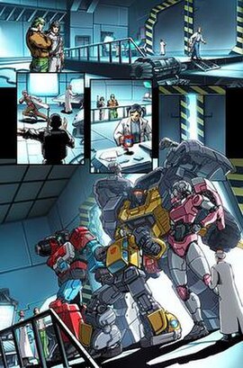 Transformers Perceptor, Bumblebee, Grimlock, and Arcee (left to right) meet Hawk of G.I. Joe.