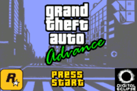 Screenshot dari permainan menu utama, menampilkan permainan logo di bagian atas-tengah, logo Rockstar Games di kiri bawah, dan Digital Gerhana di kanan bawah. Bagian bawah-tengah gambar yang menampilkan perintah "Press Start".