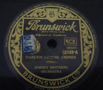 1935 UK 78 release as Brunswick 02149-A by the Dorsey Brothers Orchestra. Harlem Chapel Chimes Glenn Miller 1935.jpg