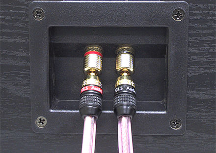 Loudspeaker-style banana plugs connected to a loudspeaker