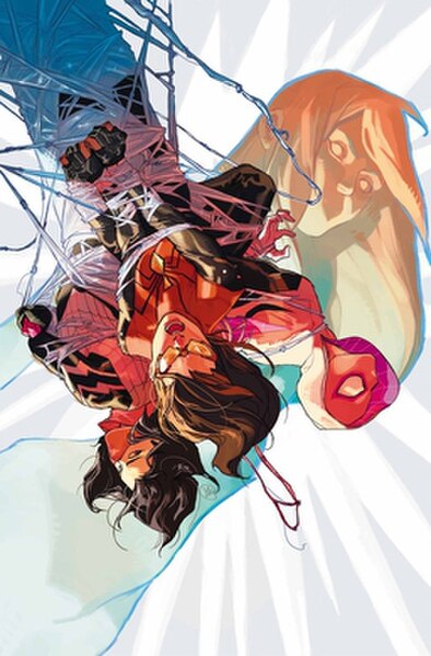 Three of the Spider-Women from Marvel's Multiverse; from left to right: Silk (Cindy Moon), Spider-Woman (Jessica Drew), and Spider-Gwen (Gwen Stacy). 