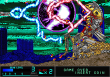 Apartheid, the first boss of the game, showcasing an example of 'beam-dueling' in Metal Black. The blue beam on the left is the player's beam. ARC Metal Black.png