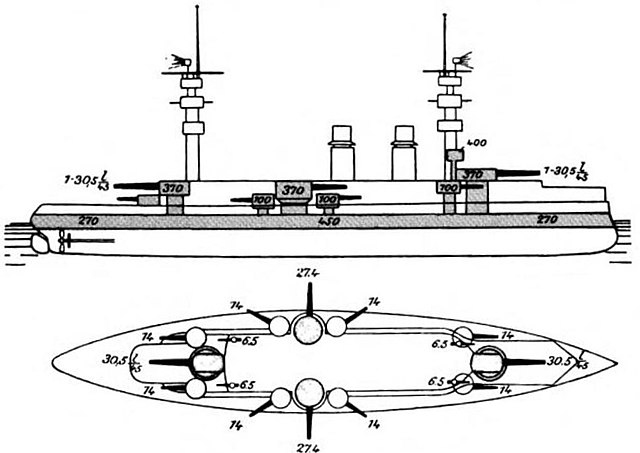 Plan and profile of Charles Martel, showing the disposition of the ship's armament