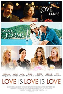 A poster featuring three comic-style panels from top to bottom. The first two feature a different couple smiling while the third features a group of four women sitting at a dinner table. The tagline for the poster is "Love takes many forms."