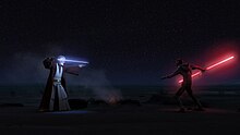 A screenshot from the episode. Obi-Wan Kenobi and Maul, with lightsabers ignited, face off before their duel.