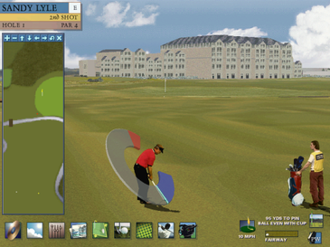 The player, as Sandy Lyle, prepares to shoot for the first hole on the Old Course at St. Andrews. The semi-circular "swing meter" curves around the golfer. British Open Championship Golf screenshot.png