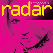 Close up of the Britney Spears' face. She is looking into the camera with her hair covering her left eye. The image has a layer of pink and is divided into four parts, resembling an actual radar. On the upper side of the image, the words "Britney Spears" are written in white letters. Underneath, "radar" is written in yellow, lowercase letters.