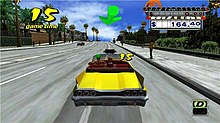 In Crazy Taxi players are tasked with earning fares by taking customers to destinations as quickly as possible. CrazyTaxi gameplay.jpg