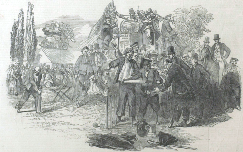 The game at the Priory ground in Lewisham in 1848 was reported by the Illustrated London News which published this illustration showing the one-legged team at bat. Greenwich Pensioners' Cricket Match, at the Priory Ground, near Lewisham, 1848.png