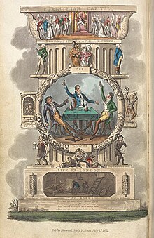 decorative and colourful page with, at its centre, three young men in early 19th-century dress drinking a toast