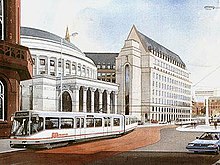An artist's impression of light rail in St Peter's Square (1987)