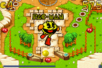 Pac-Man is about to be hit by the left flipper. Pac Man Pinball Advance screen.png