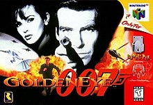 Black and white images of a man pointing a gun at the viewer, a woman and an antenna are seen at the top of the image, while at the bottom a man runs from an explosion and a helicopter flies. In the foreground is the title "GoldenEye 007", on the bottom left corner the Rare logo, and on the right side game specifications.