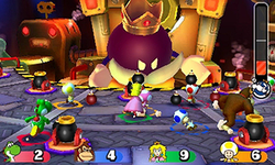 Yoshi, Yellow Toad, Princess Peach, Toadette, Blue Toad, Red Toad, and Donkey Kong battling the King Bob-omb boss Mario Party Star Rush.png