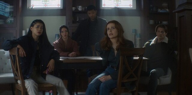 Nancy Drew and her friends working a case as of Season 3. From left to right: George, Bess, Nick, Nancy, and Ace