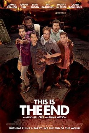 Six worried-looking men stand on a suspended part of a street over a fiery pit. The primary cast members are listed across the top, and the tagline "Nothing ruins a party like the end of the world" is at the bottom.