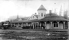 The new Seattle, Lake Shore and Eastern Railway station at Snoqualmie, c 1890s. Washington edu Seattle, Lake Shore and Eastern RR stn. at Snoqualmie, Wa. c 1887-1904, 57.jpg