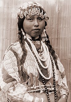 A Wishram woman in festive bridal raiment, 1911 Wishram-bride-1910.jpg