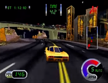 A player racing on the Hong Kong course (Nintendo 64 version). Cruis'n Exotica Gameplay.png