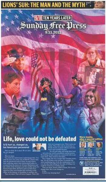 The September 11, 2011, front page of the Detroit Free Press, with Eric Millikin art and Mitch Albom column about the 10th anniversary of the Septembe