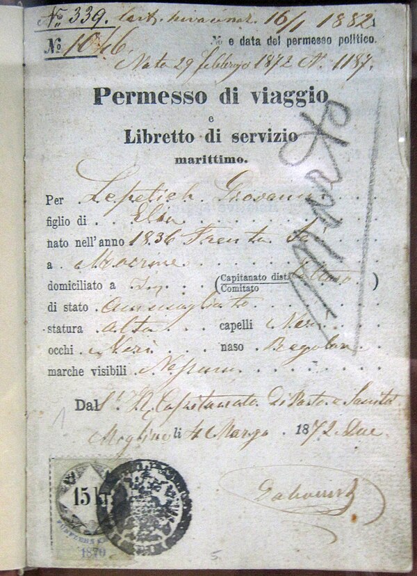 Italian passport, issued in 1872