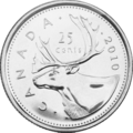 The image of the caribou on the reverse side of the Royal Canadian Mint quarter, designed by Emanuel Hahn has remained unchanged since its introduction in 1937