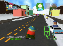 The player using Eric Cartman in an early race through the town. Clockwise from top left: the player's ranking, available power-ups, the track's map, and the next objective. South Park Rally gameplay.png