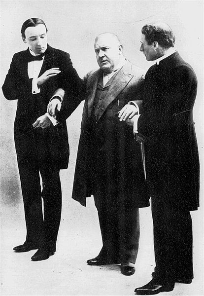 A scene from the 1902 production, including H. B. Irving as Crichton (left) and Henry Kemble as the Earl of Loam (centre).
