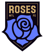 A black shield, with a blue rose on the bottom and "Roses", "MTL", and "FC" written in gold on top.