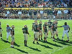Notre Dame wearing their green jerseys during the game Nd vs usc scrimmage 2005.JPG