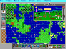 SimEarth screenshot, IBM PC version. In this simulated planet, radiates have developed sentience and are beginning to form civilizations. SimEarth IBM PC.png