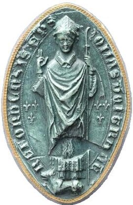 Mandorla-shaped seal of Bishop Thomas de Cantilupe. Legend: TOMAS DEI GRATIA HEREFORDENSIS EP(ISCOPU)S (Thomas by the grace of God Bishop of Hereford)