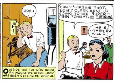 The "office boy's" debut, on the panels of the pages of Action Comics #6 (November 1938), art by Joe Shuster