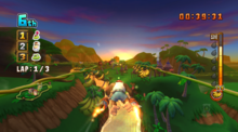 Funky Kong racing on the DK Jungle Sunset course. Players race in the air instead of on the ground like in other racing games.