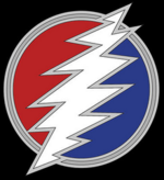 A red and blue circle with a white lightning bolt