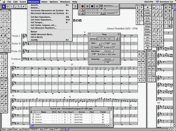 Screenshot of an early version (3.6) of Overture on the Classic Mac operating system (OS 9), showing palettes (at the left and right of screen), step note entry window (upper center), and track list window (bottom) OvertureScreenshot-PachelbelKanon.png