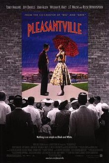 The theatrical release poster shows people in black and white color looking at a color poster that is placed at the wall. The poster shows a teenage boy standing next to a teenage girl holding an umbrella behind a colorful scene of a town. The tagline reads "Nothing is as simple as Black and White".
