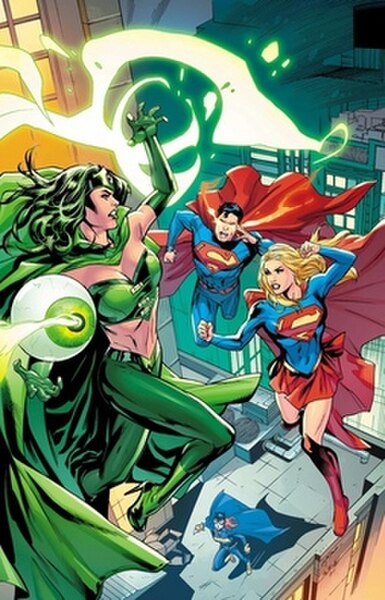 Emerald Empress as depicted in Supergirl #8 (2017); art by Emanuela Lupacchino (penciler), Ray McCarthy (inker), and Hi-Fi Design (colorists).