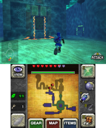 The Water Temple in The Legend of Zelda: Ocarina of Time 3D, where glowing indicators tell players where to go. The Iron Boots are now items that can be assigned to buttons instead of equipment that need to be changed on the Pause menu. Water Temple 3DS.png