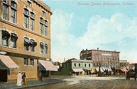 Postcard of the early 20th century depicting Fountain Square's streetcar rails, prior to the construction of the Fountain Square Theatre Fountain Square, Indianapolis (postcard).jpg