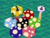 Luigi, Yoshi, Mario, and Peach playing Mushroom Mix-Up, one of Mario Party's 50 minigames MP1 MushroomMixUp.jpg