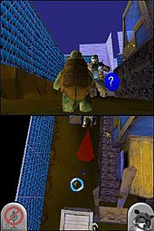 Verne encounters one of the inhabitants while exploring a house. The red cone on the lower screen shows the man's sight range. Over The Hedge DS Verne LOS.jpg