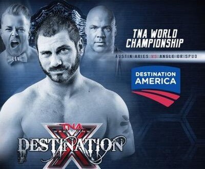 Promotional poster featuring Rockstar Spud, Austin Aries and Kurt Angle